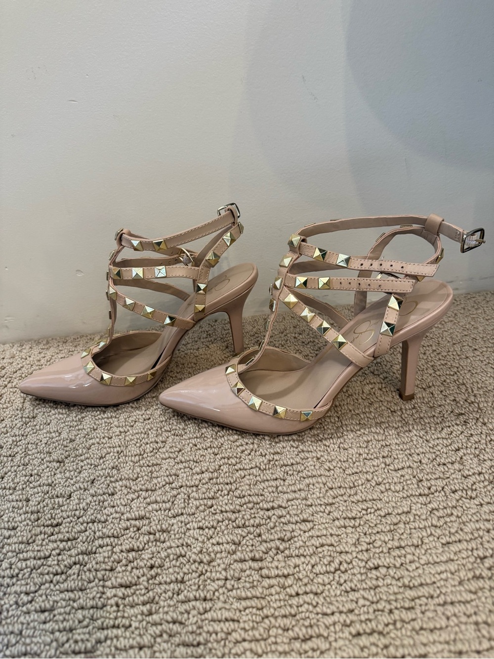 Jessica Simpson Blush Nude Patent Studded Strappy Pointed-Toe Heels